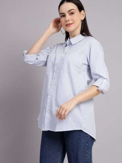 Full Sleeves Striped Formal Shirt for Women and Girls-Black/Blue For Women